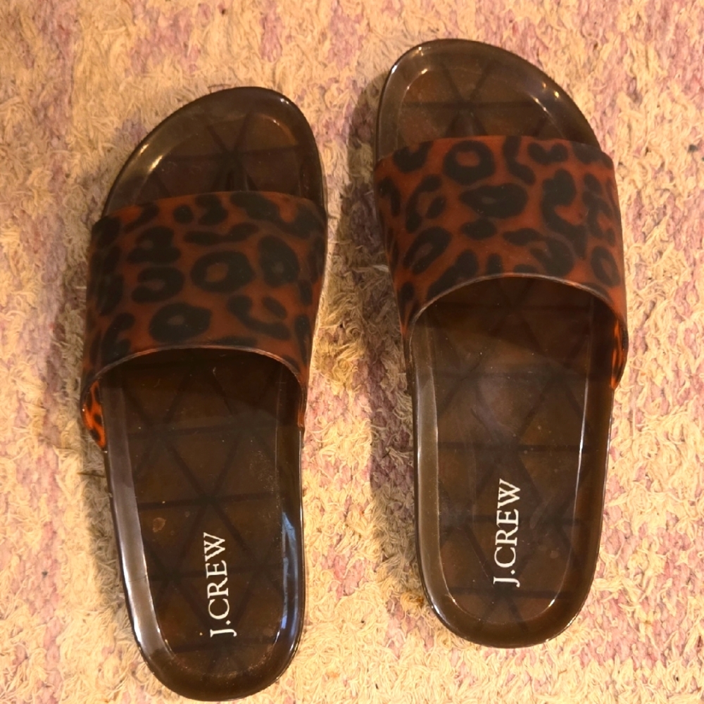 J. Crew Brown and Black Leopard Slide Sandals